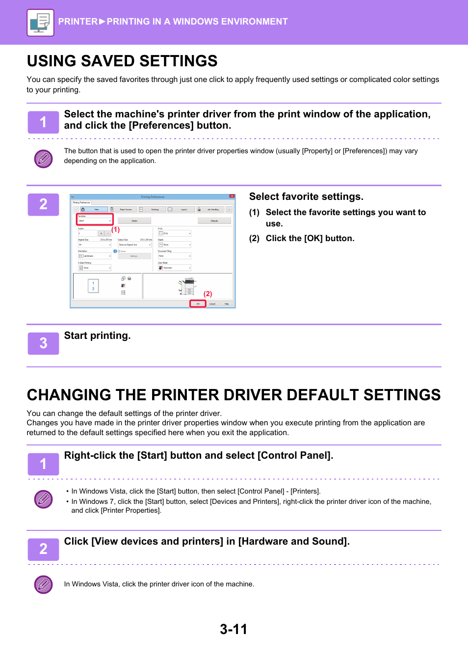 Using saved settings -11, Changing the printer driver default, Settings -11 | Using saved settings, Changing the printer driver default settings | Sharp MX-6070N User Manual | Page 318 / 935