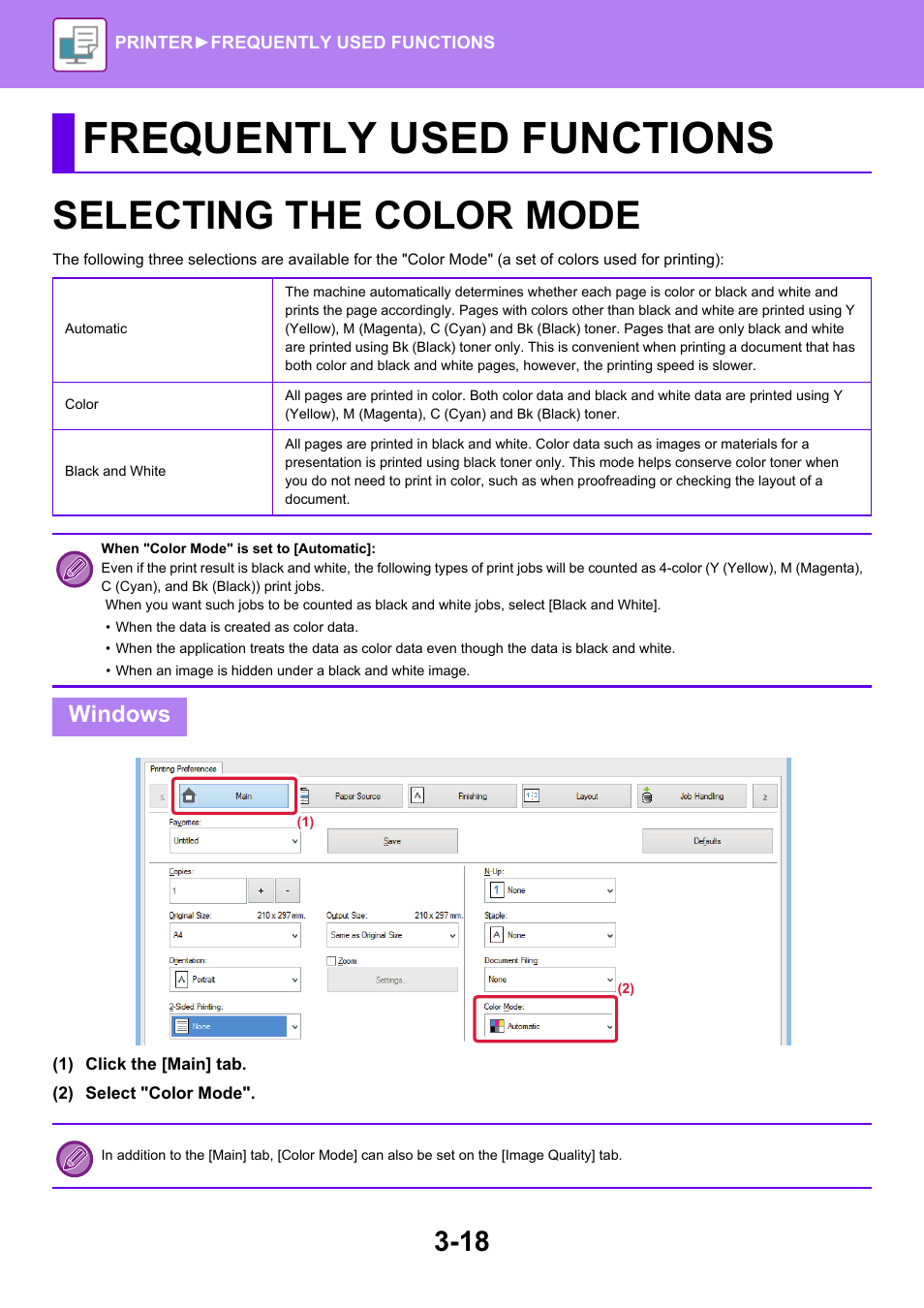 Frequently used functions, Selecting the color mode -18, Selecting the color mode | Windows | Sharp MX-6070N User Manual | Page 325 / 935