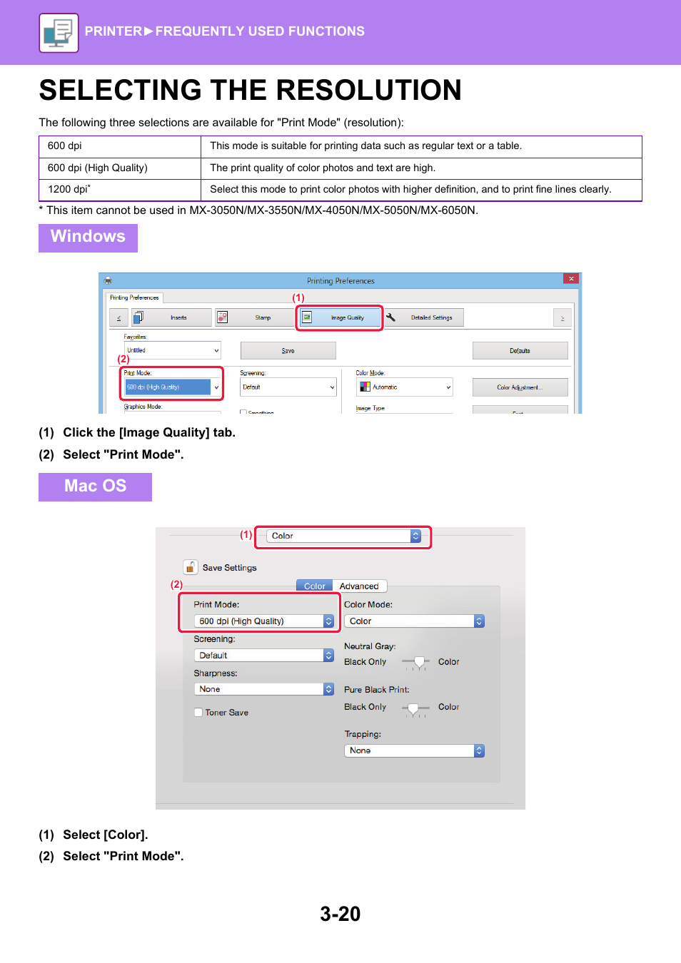 Selecting the resolution -20, Selecting the resolution, Windows mac os | Sharp MX-6070N User Manual | Page 327 / 935