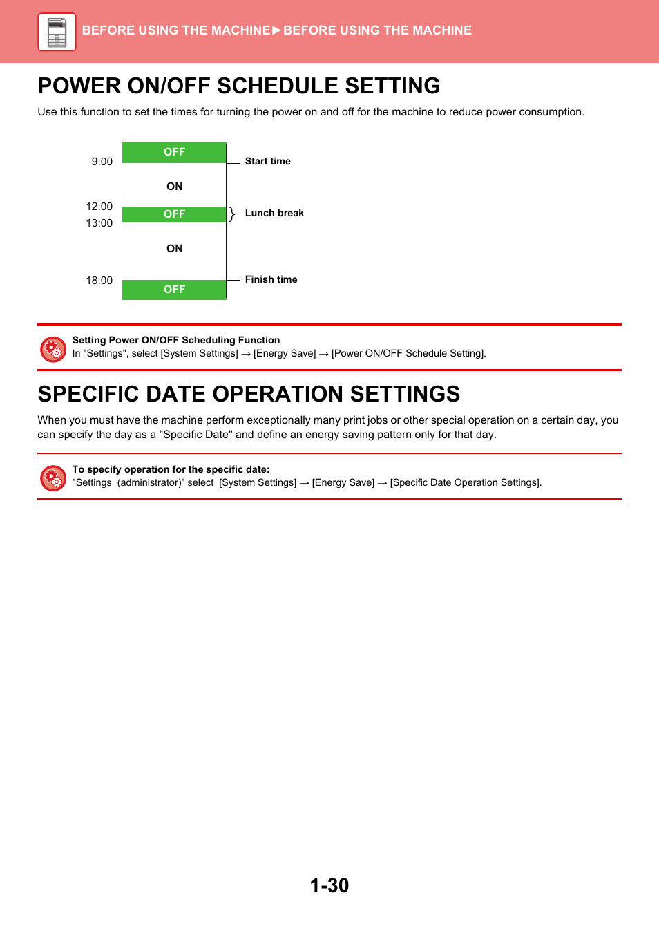 Power on/off schedule setting -30, Specific date operation settings -30, Power on/off schedule setting | Specific date operation settings | Sharp MX-6070N User Manual | Page 33 / 935