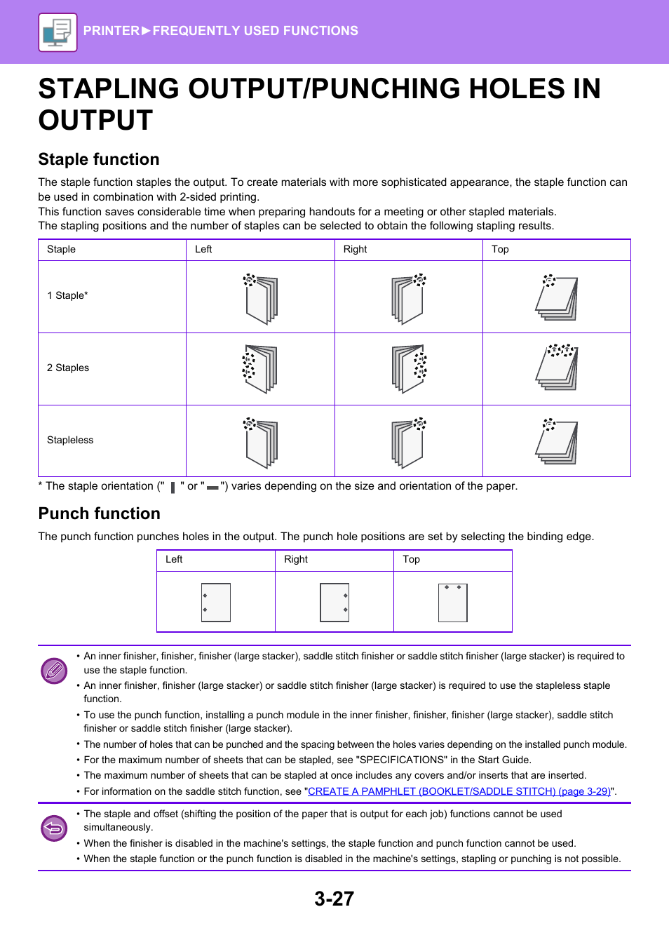 Stapling output/punching holes in output -27, Stapling output/punching holes in output, Staple function | Punch function | Sharp MX-6070N User Manual | Page 334 / 935