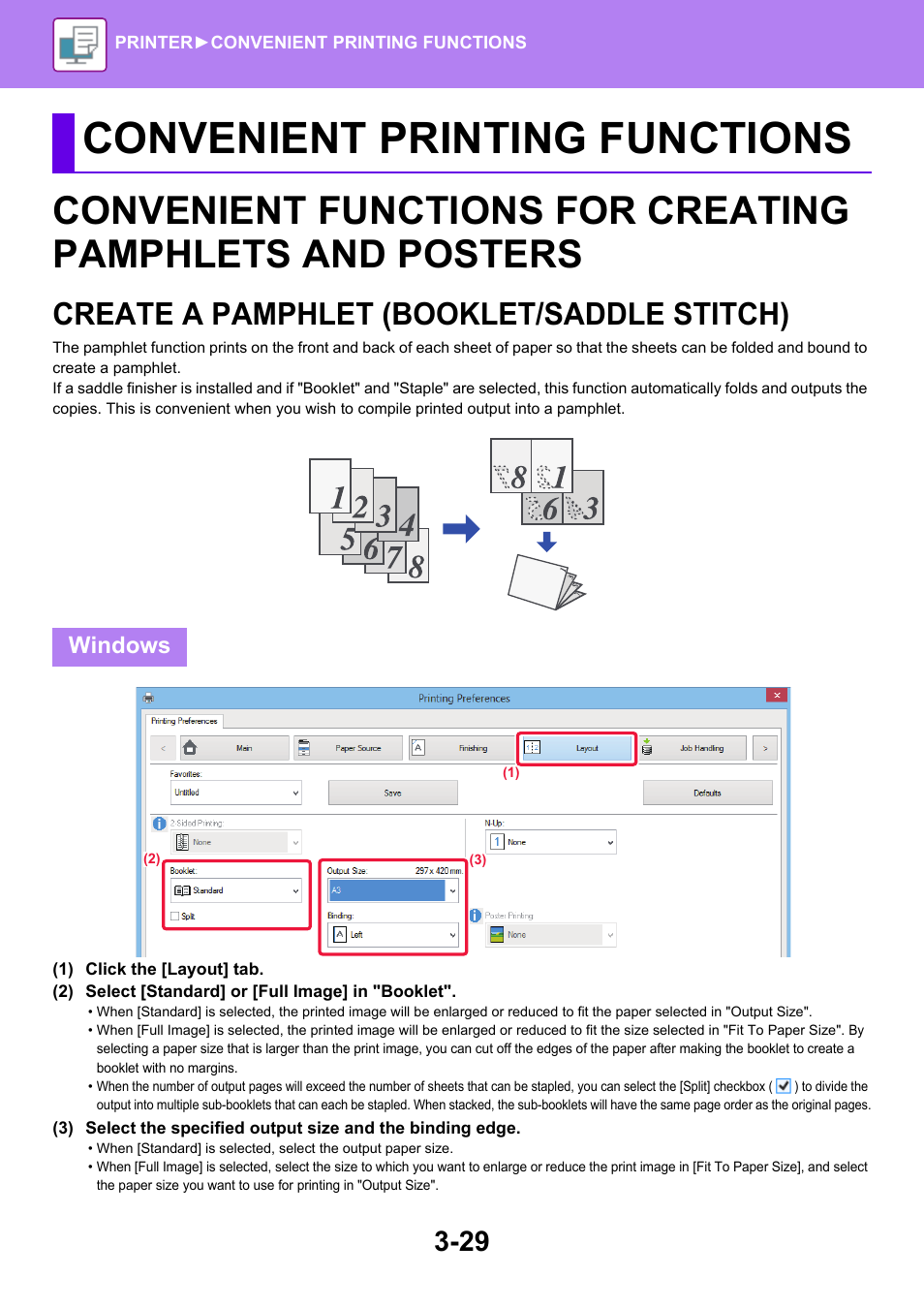 Convenient printing functions, Create a pamphlet (booklet/saddle, Stitch) -29 | Create a pamphlet (booklet/saddle stitch), Windows | Sharp MX-6070N User Manual | Page 336 / 935