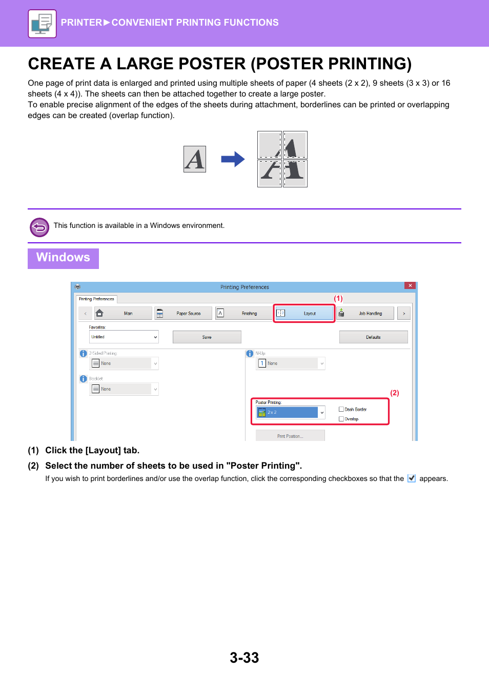 Create a large poster (poster, Printing) -33, Create a large poster (poster printing) | Windows | Sharp MX-6070N User Manual | Page 340 / 935