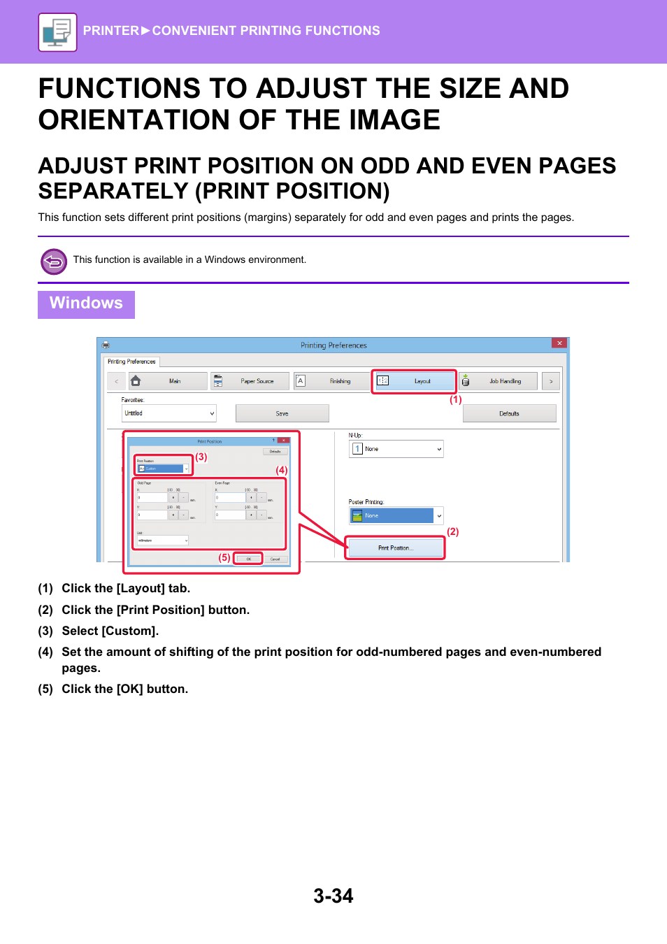 Adjust print position on odd and, Windows | Sharp MX-6070N User Manual | Page 341 / 935