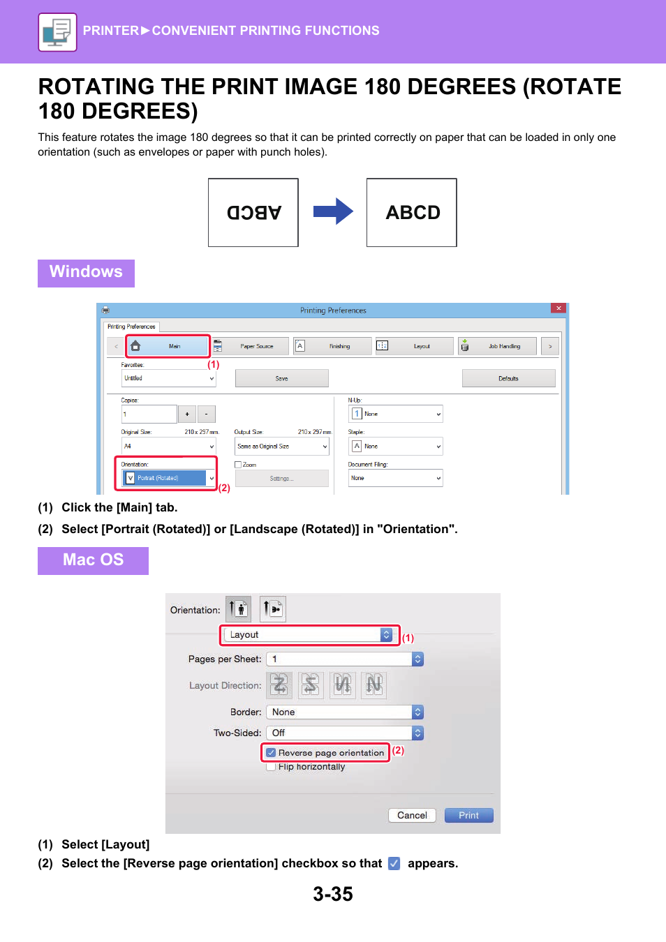 Rotating the print image 180, Degrees (rotate 180 degrees) -35, Abcd | Sharp MX-6070N User Manual | Page 342 / 935