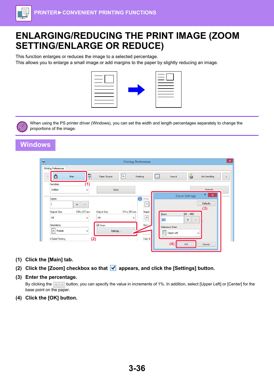 Enlarging/reducing the print image, Zoom setting/enlarge or reduce) -36, Windows | Sharp MX-6070N User Manual | Page 343 / 935