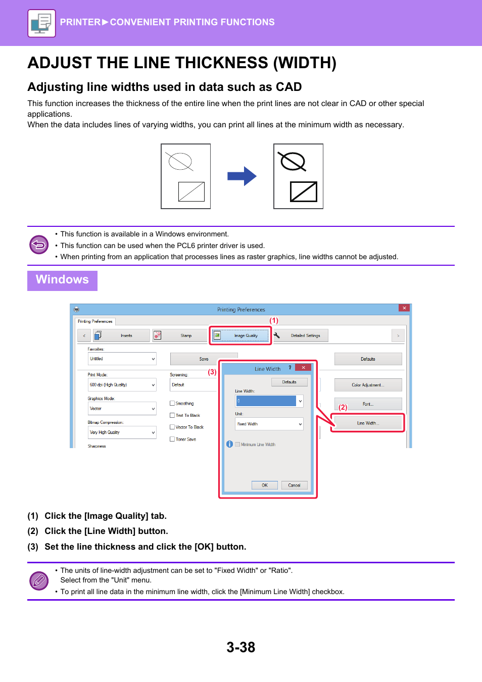 Adjust the line thickness (width) -38, Adjust the line thickness (width), Adjusting line widths used in data such as cad | Windows | Sharp MX-6070N User Manual | Page 345 / 935