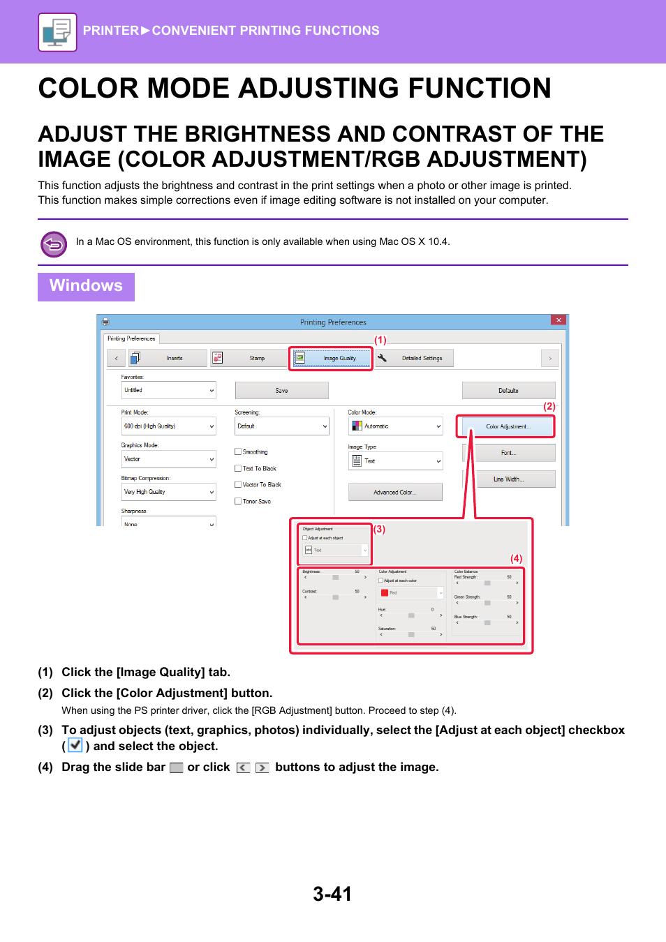 Color mode adjusting function -41, Adjust the brightness and contrast, Of the image (color adjustment/rgb adjustment) -41 | Color mode adjusting function, Windows | Sharp MX-6070N User Manual | Page 348 / 935