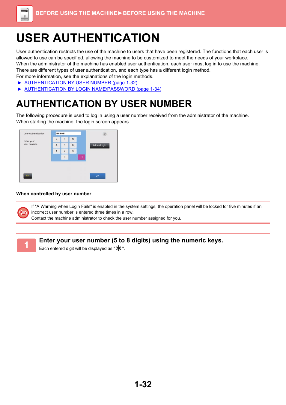 User authentication -32, Authentication by user number -32, User authentication | Authentication by user number, Before using the machine ►before using the machine | Sharp MX-6070N User Manual | Page 35 / 935