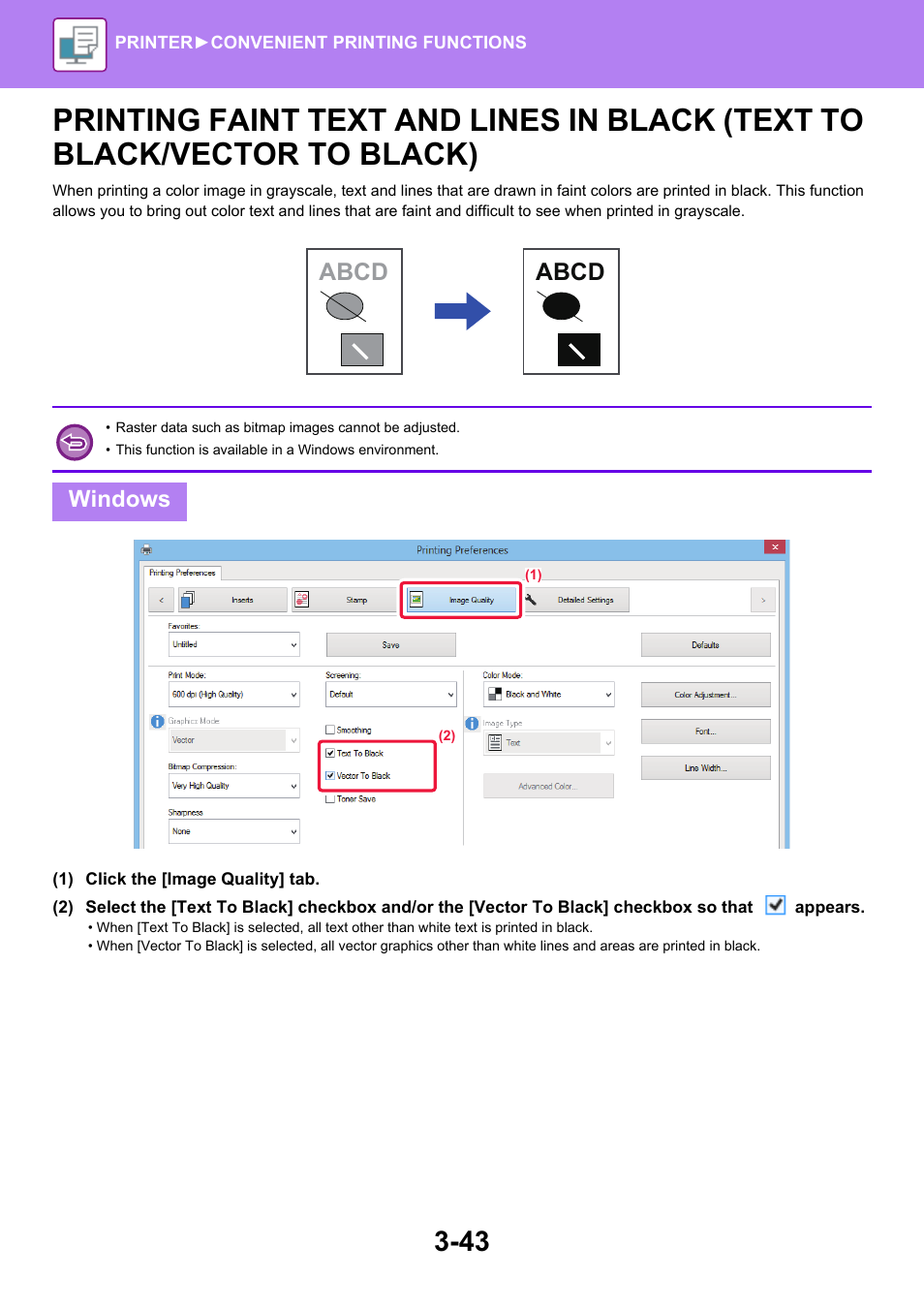 Printing faint text and lines in black, Text to black/vector to black) -43, Windows abcd abcd | Sharp MX-6070N User Manual | Page 350 / 935