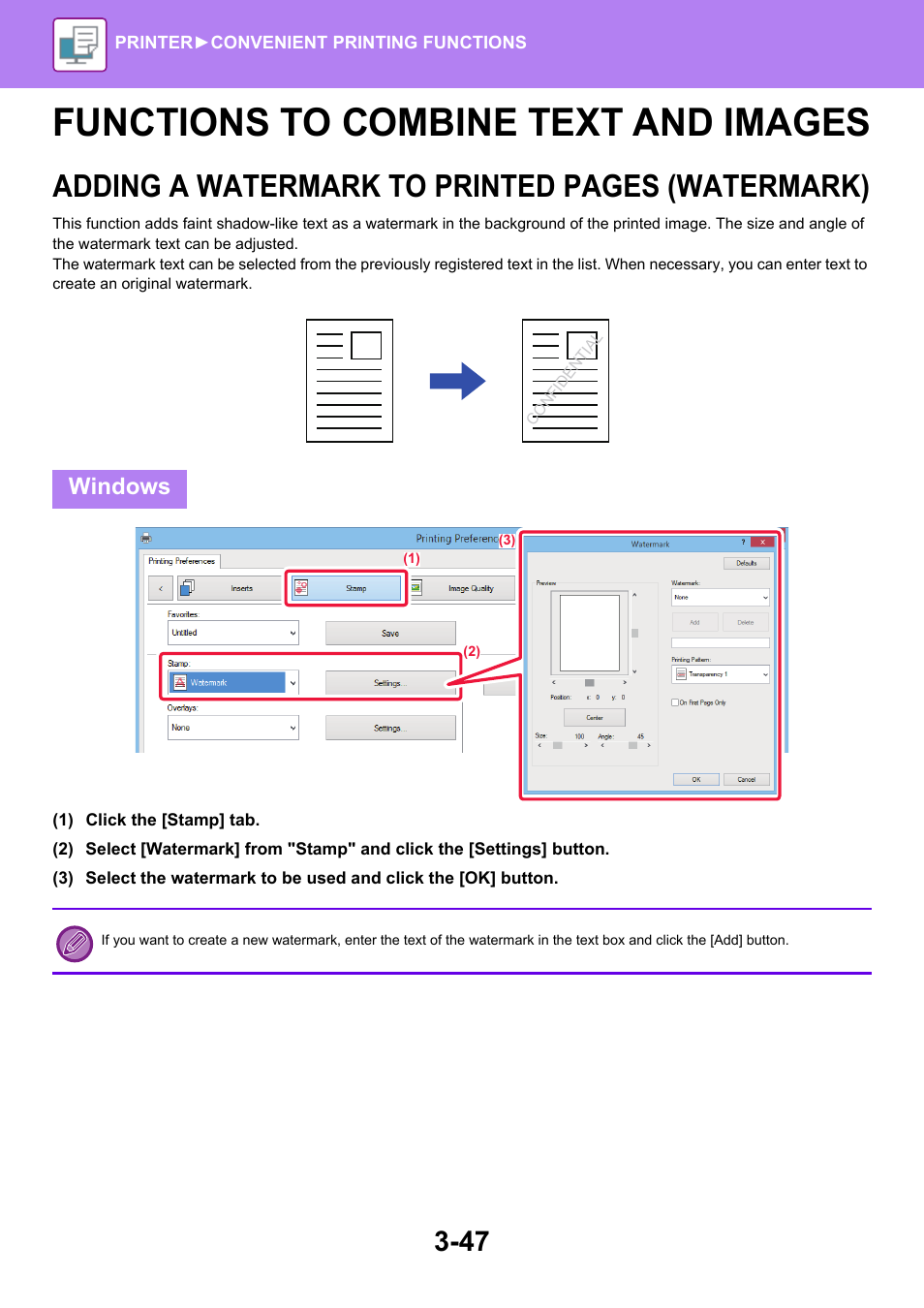 Functions to combine text and images -47, Adding a watermark to printed, Functions to combine text and images | Adding a watermark to printed pages (watermark), Windows | Sharp MX-6070N User Manual | Page 354 / 935