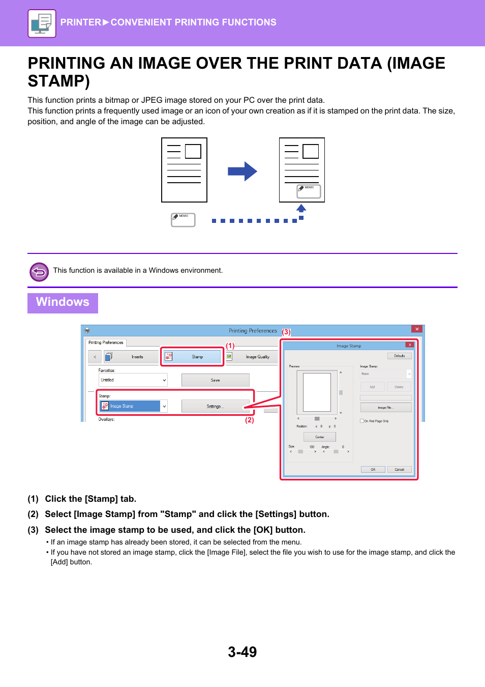 Printing an image over the print, Data (image stamp) -49, Windows | Sharp MX-6070N User Manual | Page 356 / 935