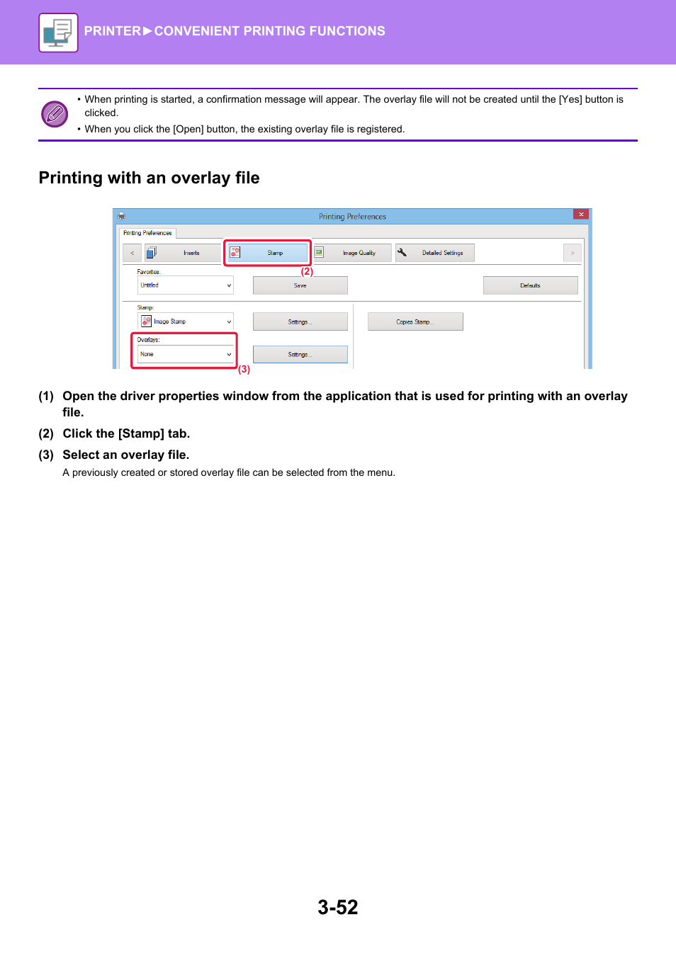 Printing with an overlay file | Sharp MX-6070N User Manual | Page 359 / 935