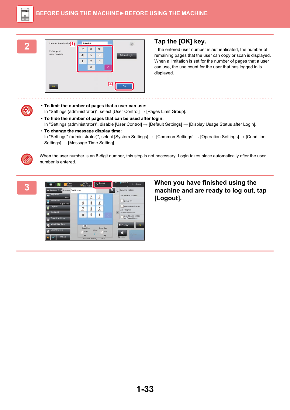 Tap the [ok] key, Before using the machine ►before using the machine | Sharp MX-6070N User Manual | Page 36 / 935