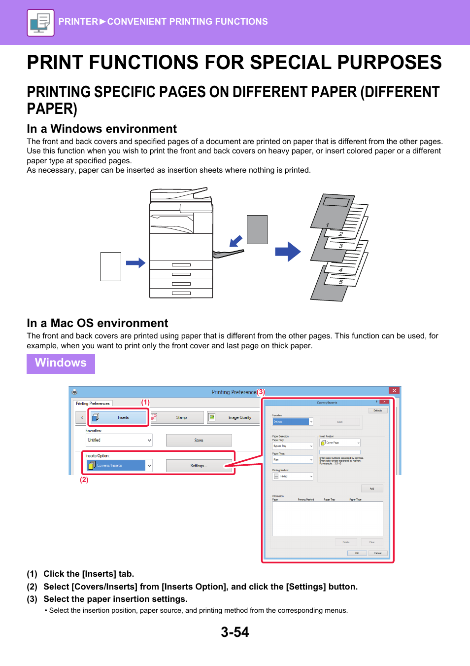 Print functions for special purposes -54, Paper (different paper) -54, Print functions for special purposes | Windows | Sharp MX-6070N User Manual | Page 361 / 935