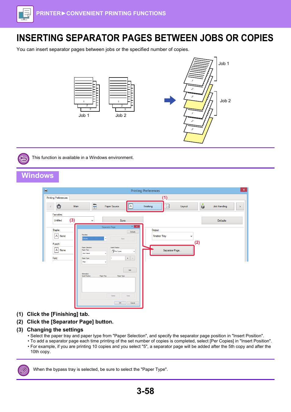 Jobs or copies -58, Inserting separator pages between jobs or copies, Windows | Printer► convenient printing functions | Sharp MX-6070N User Manual | Page 365 / 935