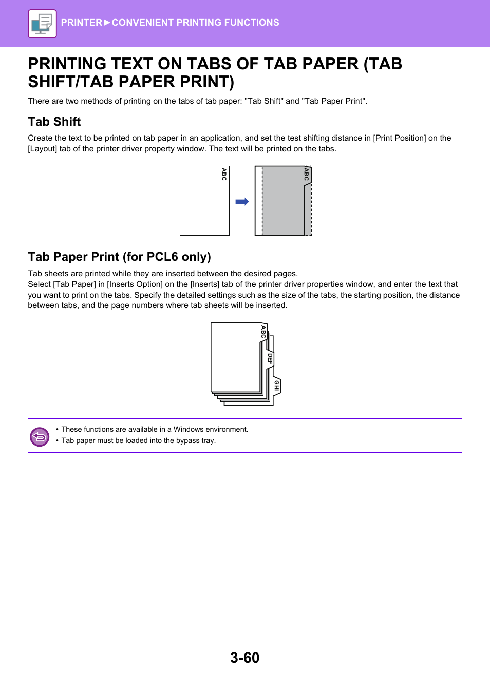 Printing text on tabs of tab paper, Tab shift/tab paper print) -60, Tab shift | Tab paper print (for pcl6 only) | Sharp MX-6070N User Manual | Page 367 / 935