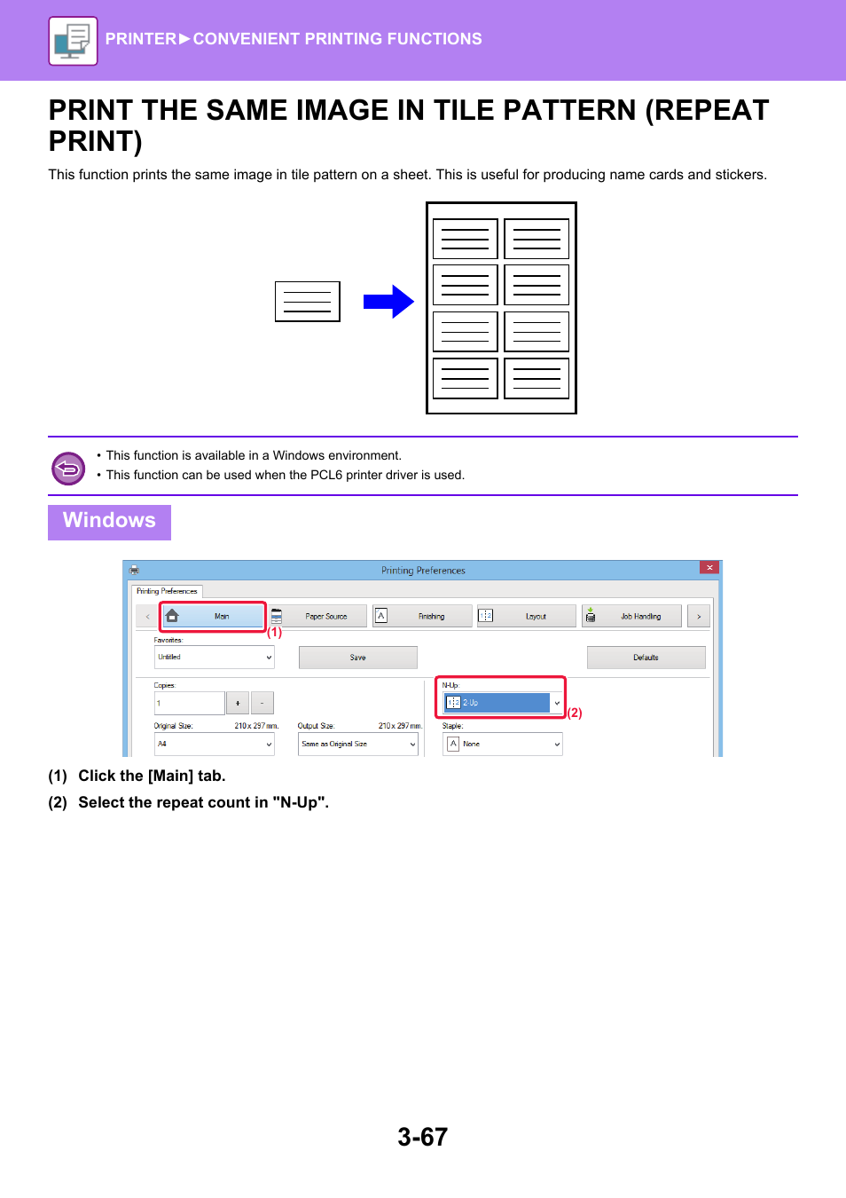 Print the same image in tile pattern, Repeat print) -67, Windows | Sharp MX-6070N User Manual | Page 374 / 935