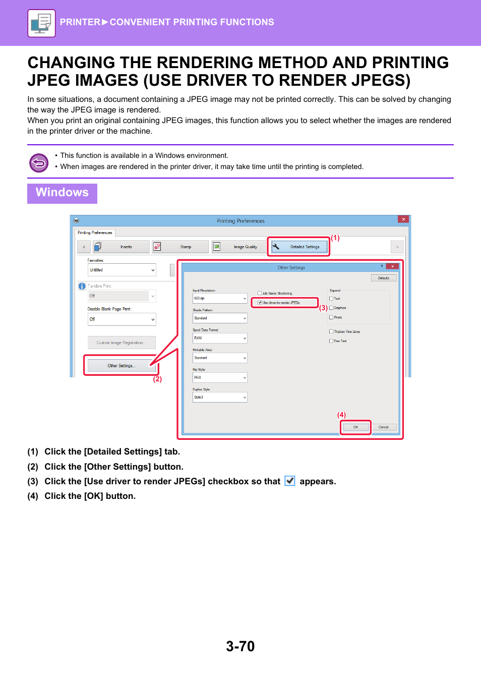 Changing the rendering method and, Windows | Sharp MX-6070N User Manual | Page 377 / 935