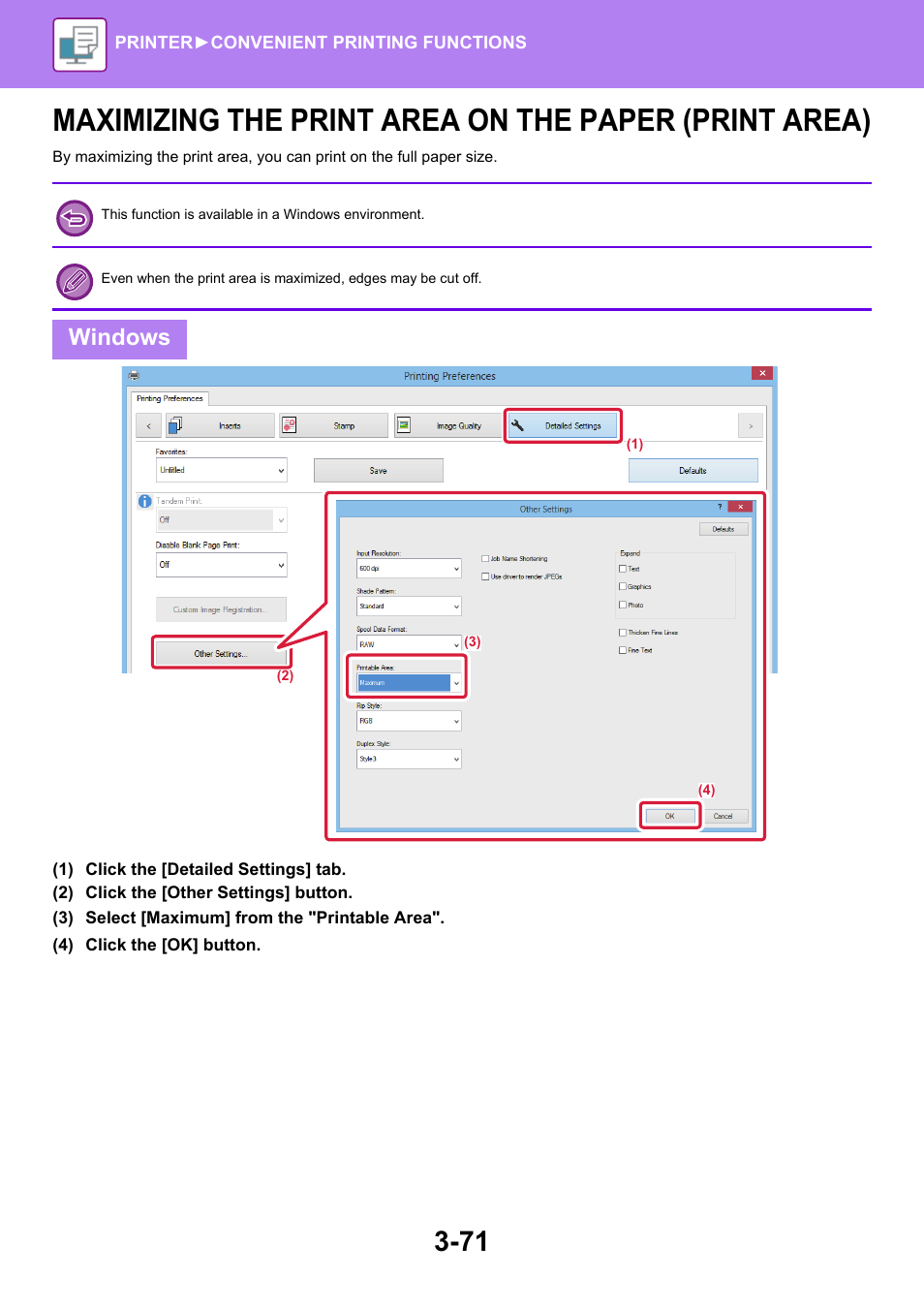 Maximizing the print area on the, Paper (print area) -71, Windows | Sharp MX-6070N User Manual | Page 378 / 935