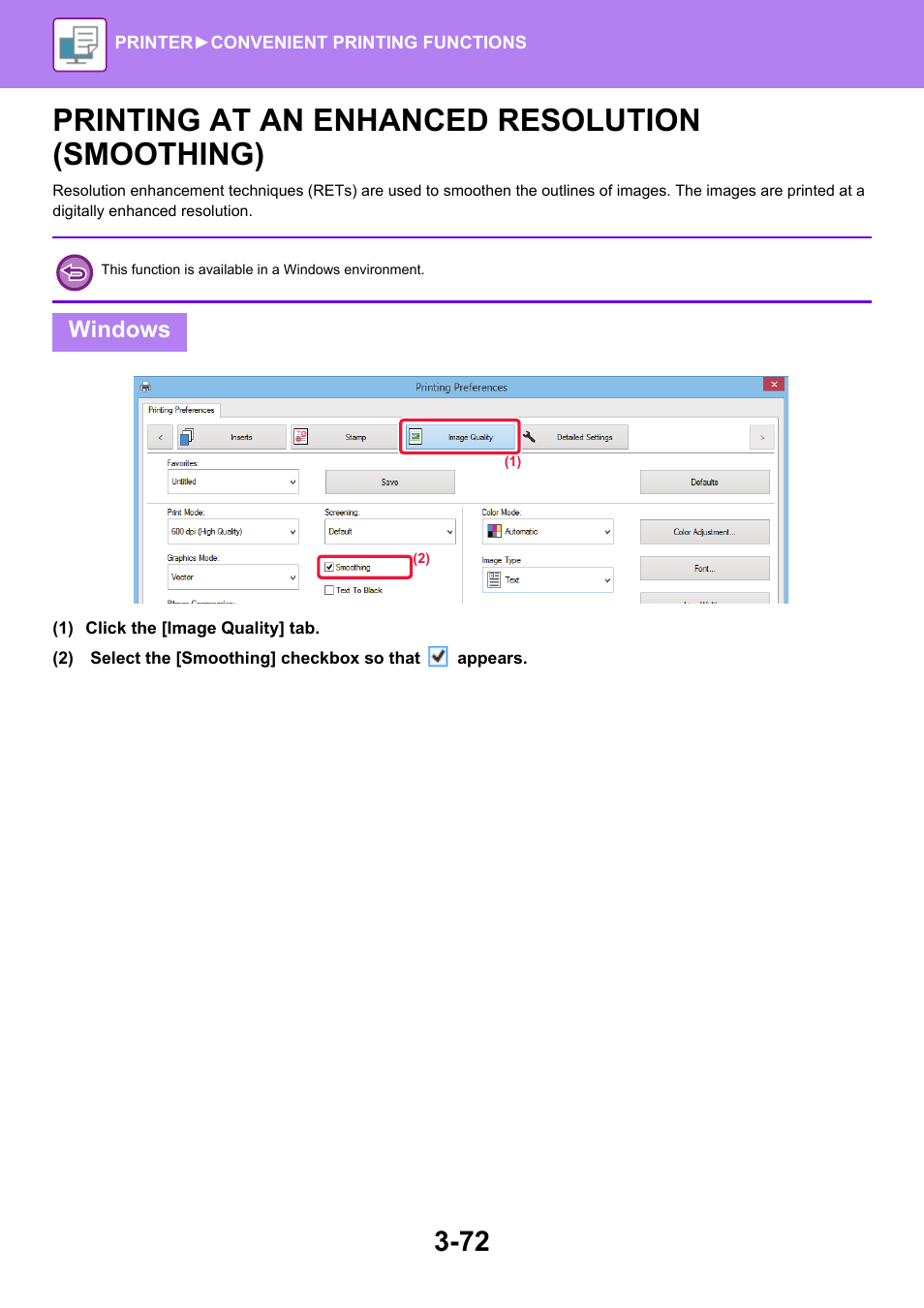 Printing at an enhanced resolution, Smoothing) -72, Printing at an enhanced resolution (smoothing) | Windows | Sharp MX-6070N User Manual | Page 379 / 935