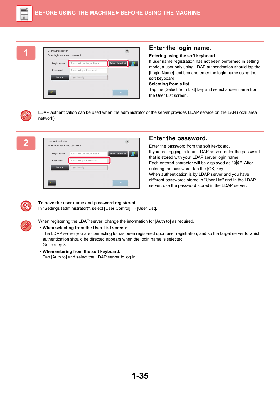 Enter the login name, Enter the password, Before using the machine ►before using the machine | Sharp MX-6070N User Manual | Page 38 / 935