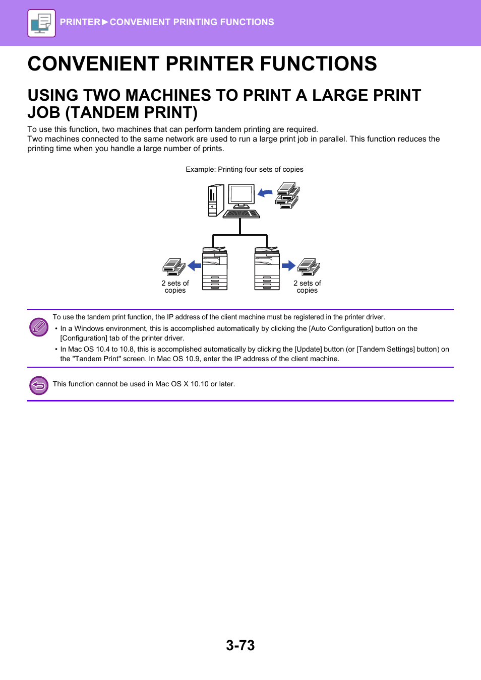 Convenient printer functions -73, Using two machines to print a large, Print job (tandem print) -73 | Convenient printer functions | Sharp MX-6070N User Manual | Page 380 / 935