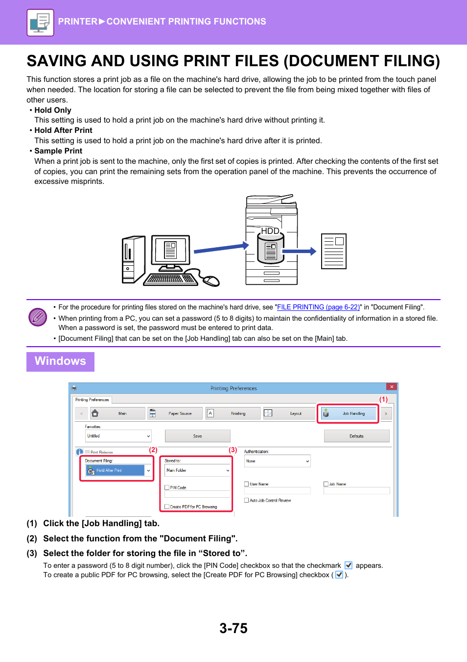 Saving and using print files, Document filing) -75, Saving and using print files (document filing) | Windows | Sharp MX-6070N User Manual | Page 382 / 935