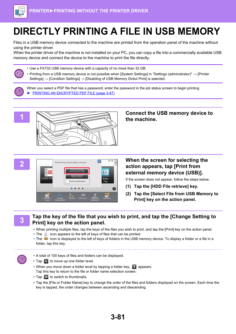 Directly printing a file in usb memory -81, Printer► printing without the printer driver | Sharp MX-6070N User Manual | Page 388 / 935