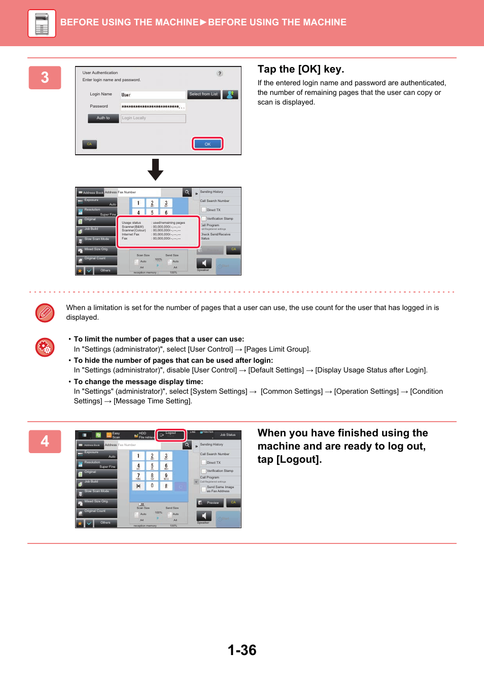 Tap the [ok] key, Before using the machine ►before using the machine | Sharp MX-6070N User Manual | Page 39 / 935