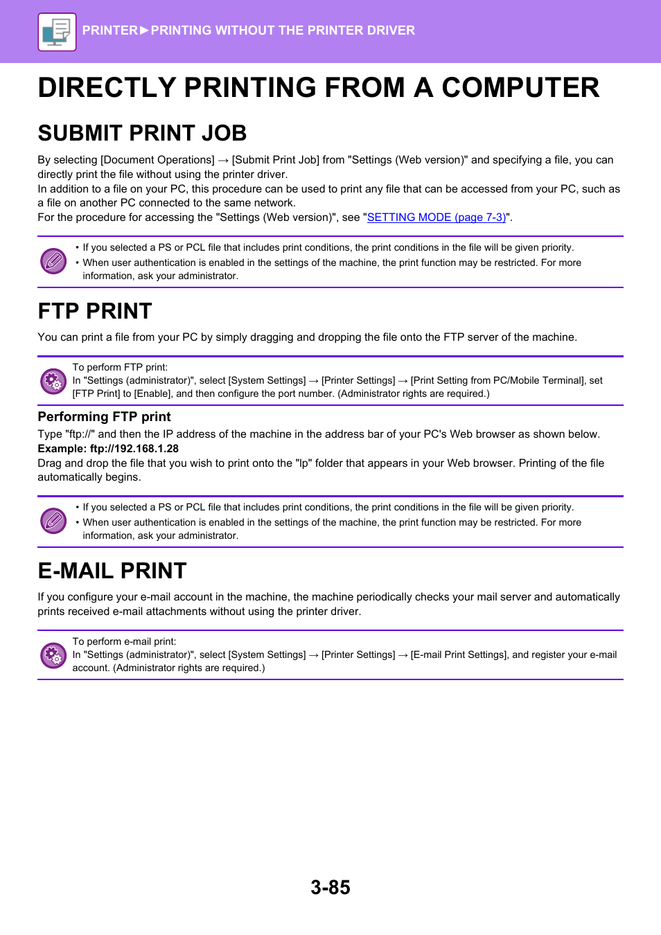 Directly printing from a computer -85, Submit print job -85, Ftp print -85 | E-mail print -85, Directly printing from a computer, Submit print job, Ftp print, E-mail print | Sharp MX-6070N User Manual | Page 392 / 935