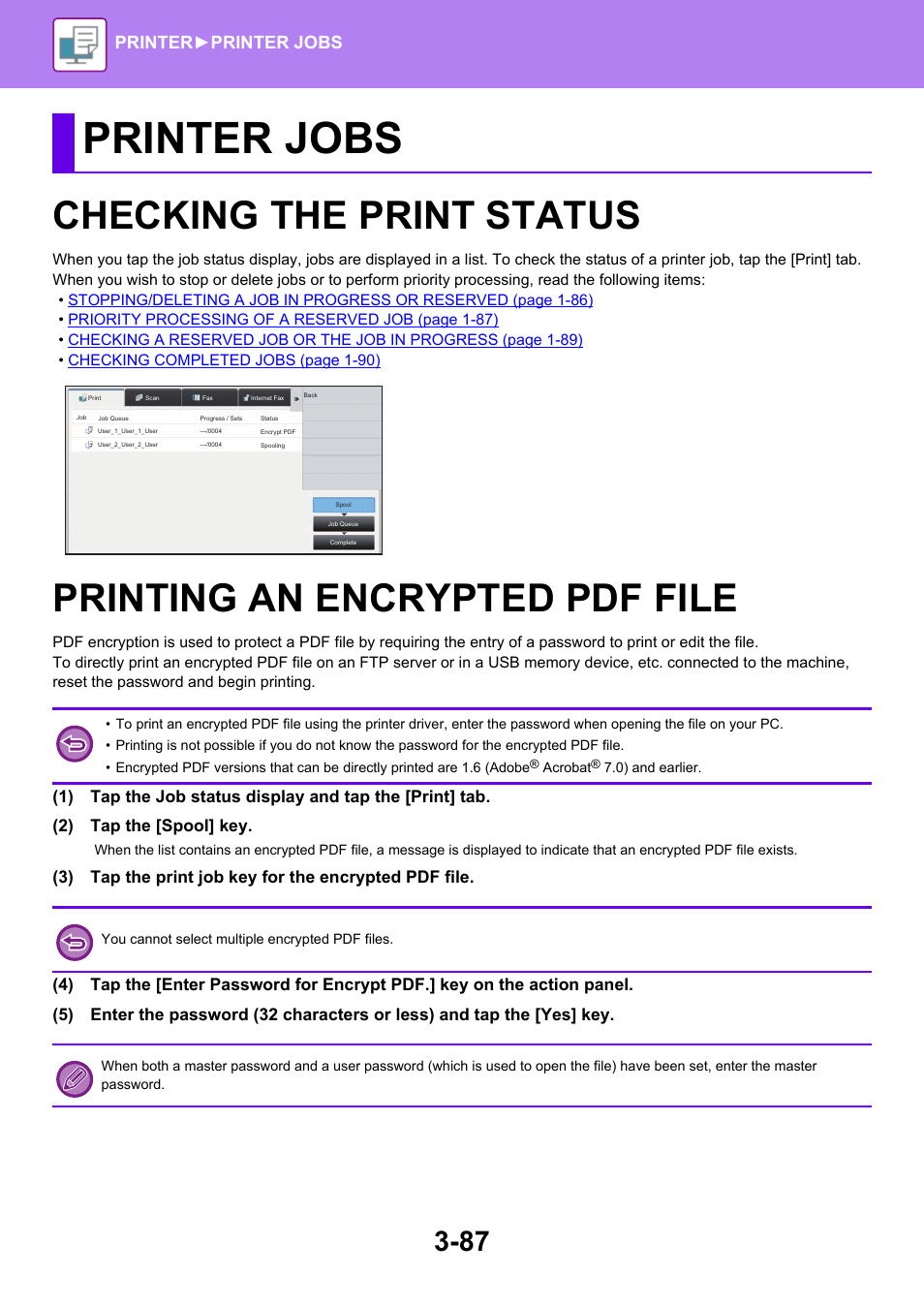 Printer jobs, Checking the print status -87, Printing an encrypted pdf file -87 | Checking the print status, Printing an encrypted pdf file, Printer► printer jobs | Sharp MX-6070N User Manual | Page 394 / 935