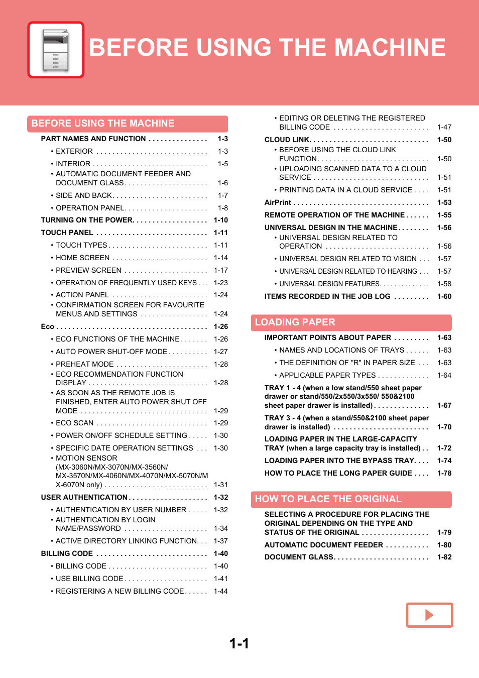 Before using the machine, Functions of the machine and procedures, For placing originals and loading paper | Loading paper, How to place the original | Sharp MX-6070N User Manual | Page 4 / 935