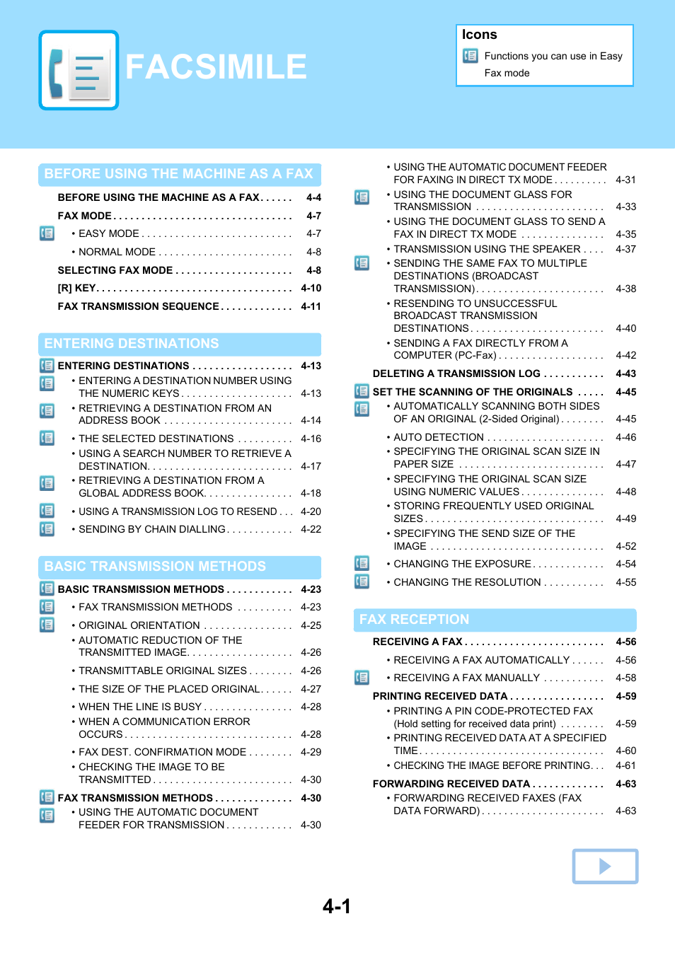 Facsimile, Using the fax function, Before using the machine as a fax | Entering destinations, Basic transmission methods, Fax reception, Icons | Sharp MX-6070N User Manual | Page 404 / 935