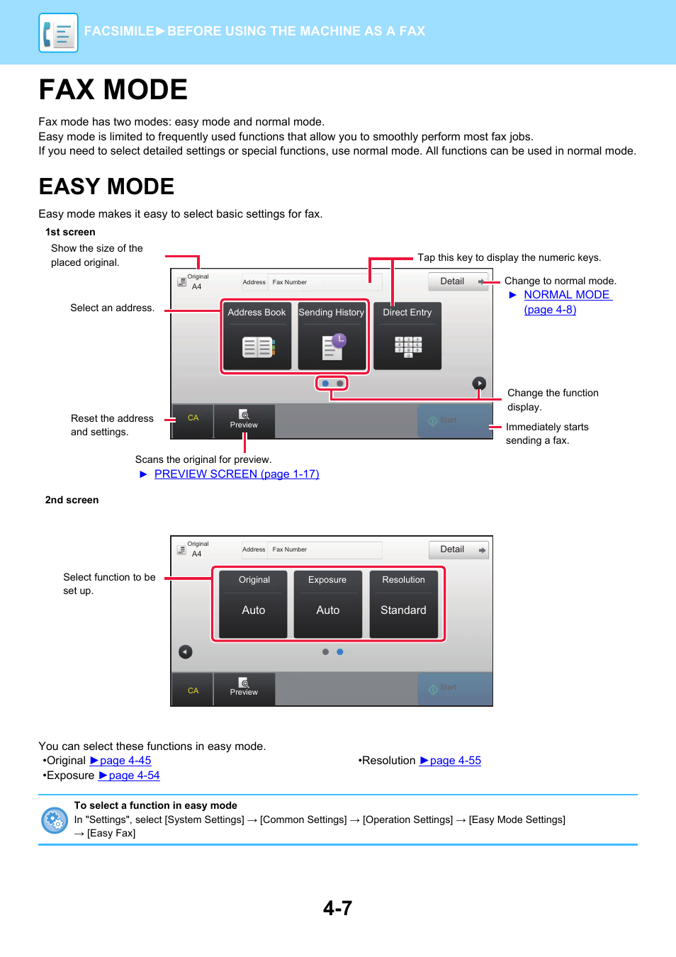 Fax mode, Easy mode, Facsimile► before using the machine as a fax | Sharp MX-6070N User Manual | Page 410 / 935