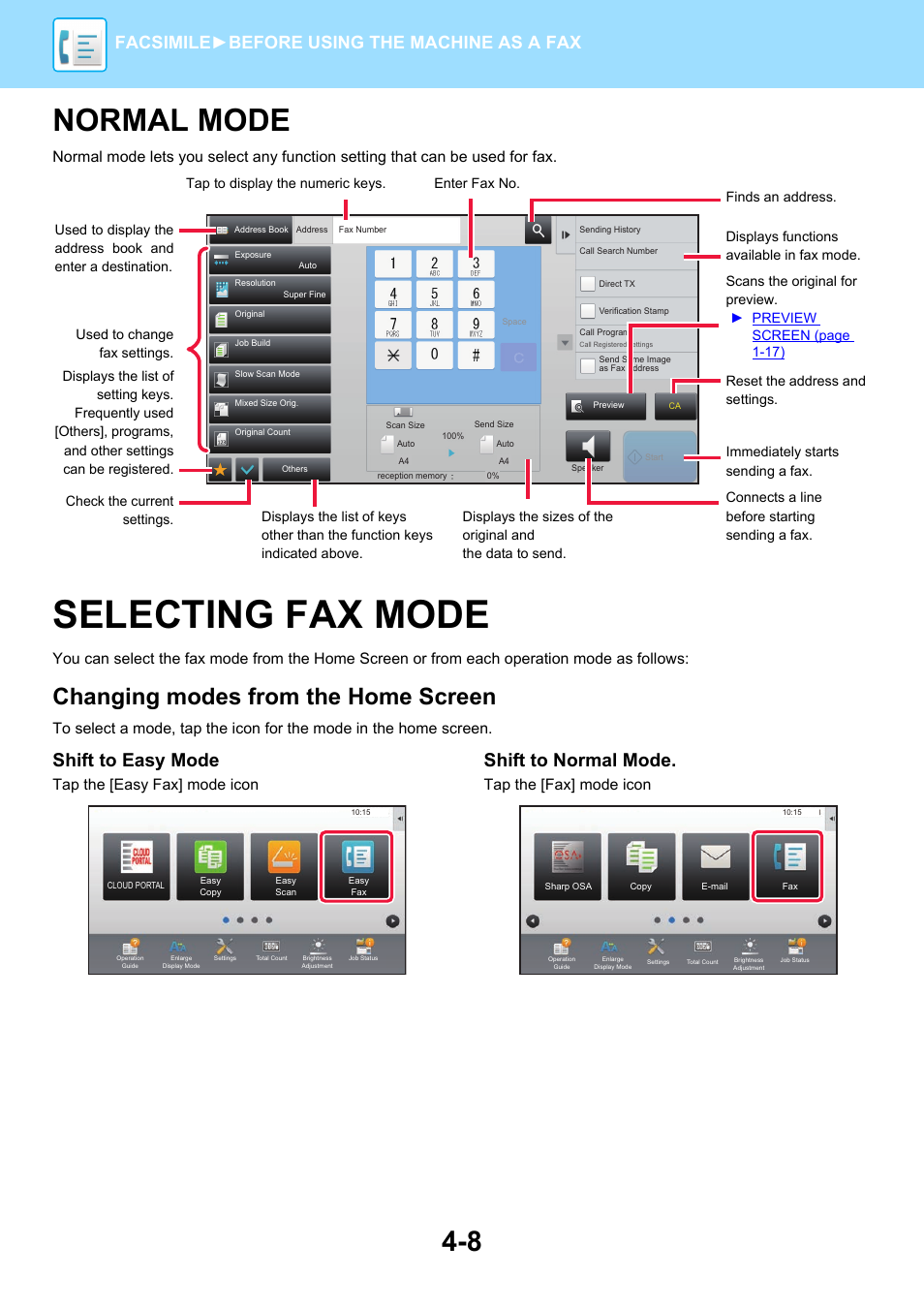 Normal mode, Selecting fax mode, Changing modes from the home screen | Shift to easy mode, Shift to normal mode, Facsimile► before using the machine as a fax, Tap the [easy fax] mode icon, Tap the [fax] mode icon | Sharp MX-6070N User Manual | Page 411 / 935