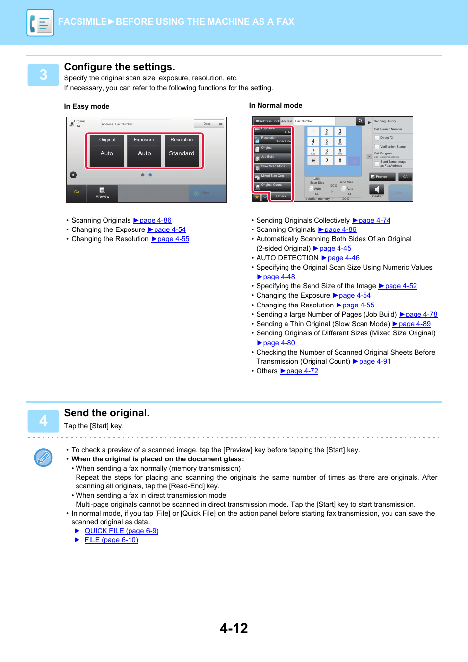 Configure the settings, Send the original, Facsimile► before using the machine as a fax | Sharp MX-6070N User Manual | Page 415 / 935