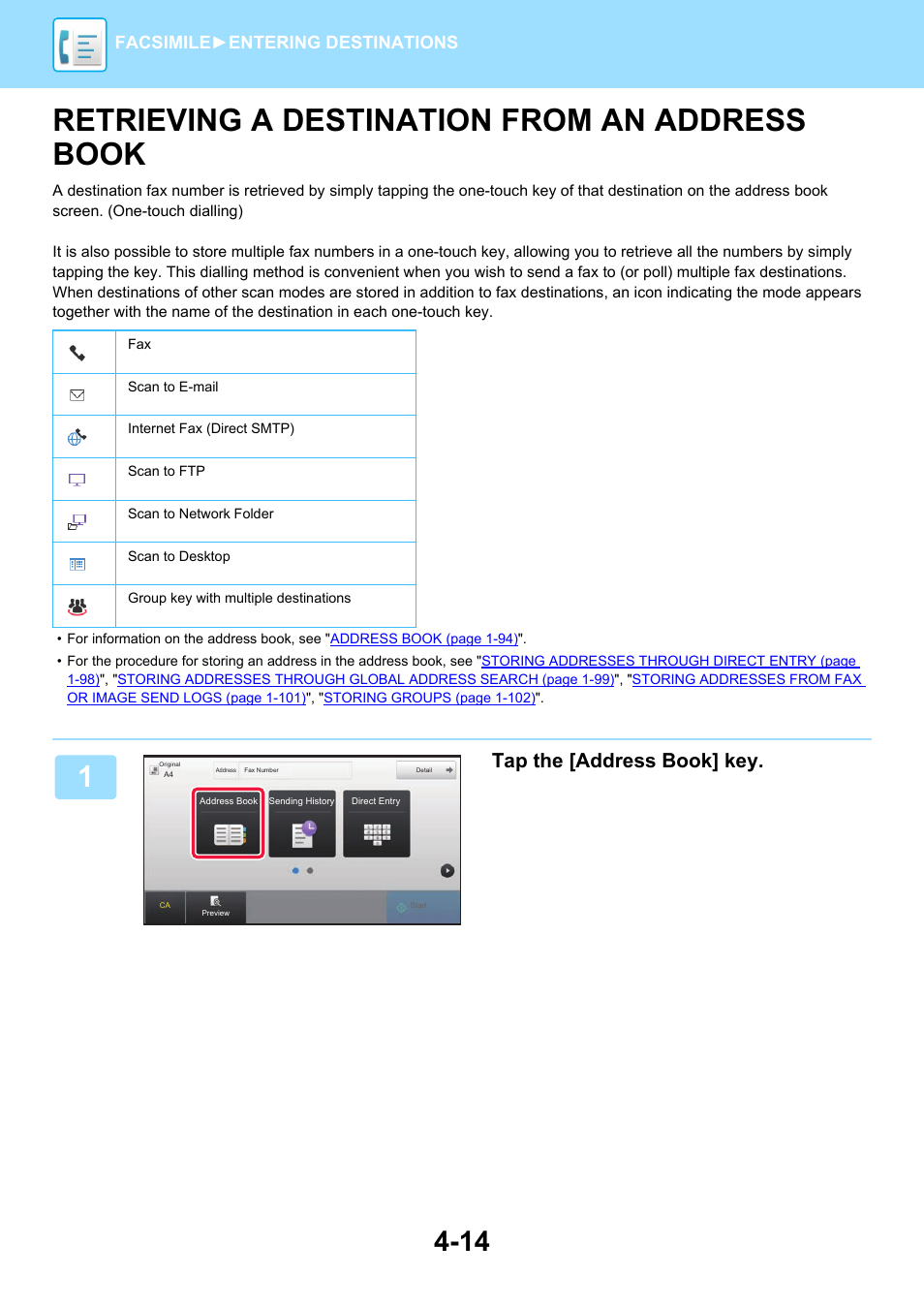 Retrieving a destination from an, Address book -14, Book | Retrieving a destination from an address book, Tap the [address book] key, Facsimile► entering destinations | Sharp MX-6070N User Manual | Page 417 / 935