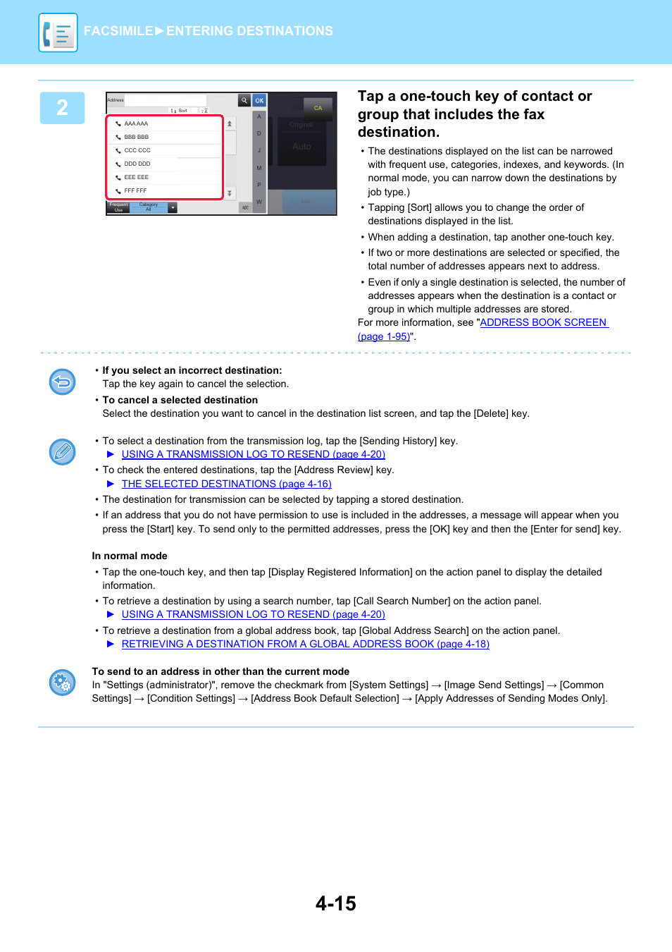 Facsimile► entering destinations | Sharp MX-6070N User Manual | Page 418 / 935