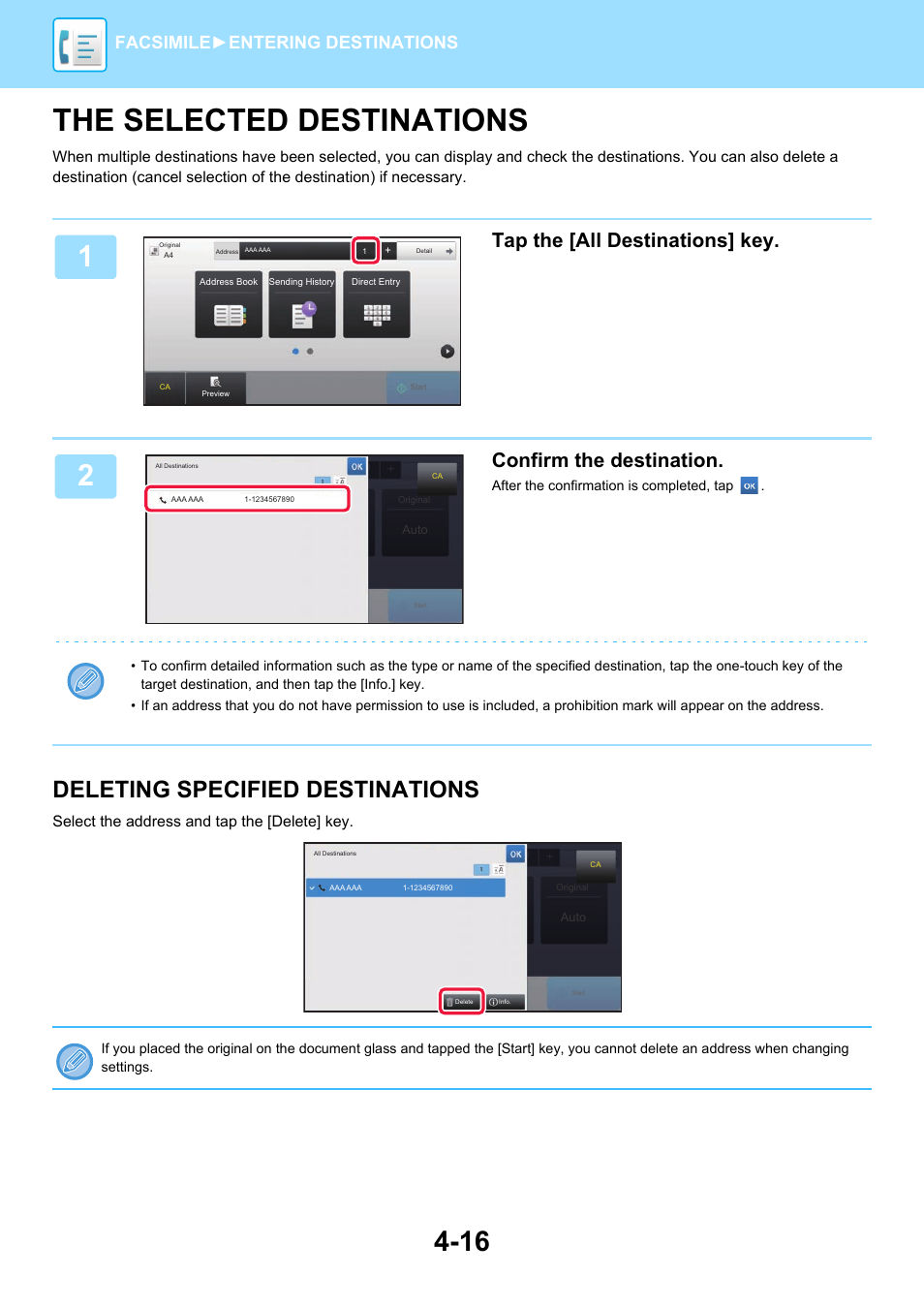 The selected destinations -16, The selected destinations, Deleting specified destinations | Tap the [all destinations] key, Confirm the destination, Facsimile► entering destinations | Sharp MX-6070N User Manual | Page 419 / 935