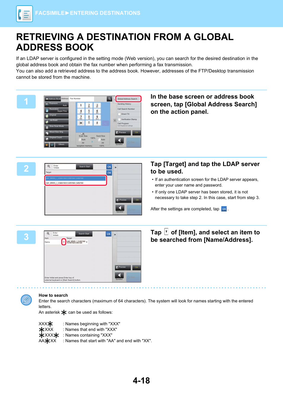 Retrieving a destination from a, Global address book -18, Address book | Tap [target] and tap the ldap server to be used, Facsimile► entering destinations | Sharp MX-6070N User Manual | Page 421 / 935