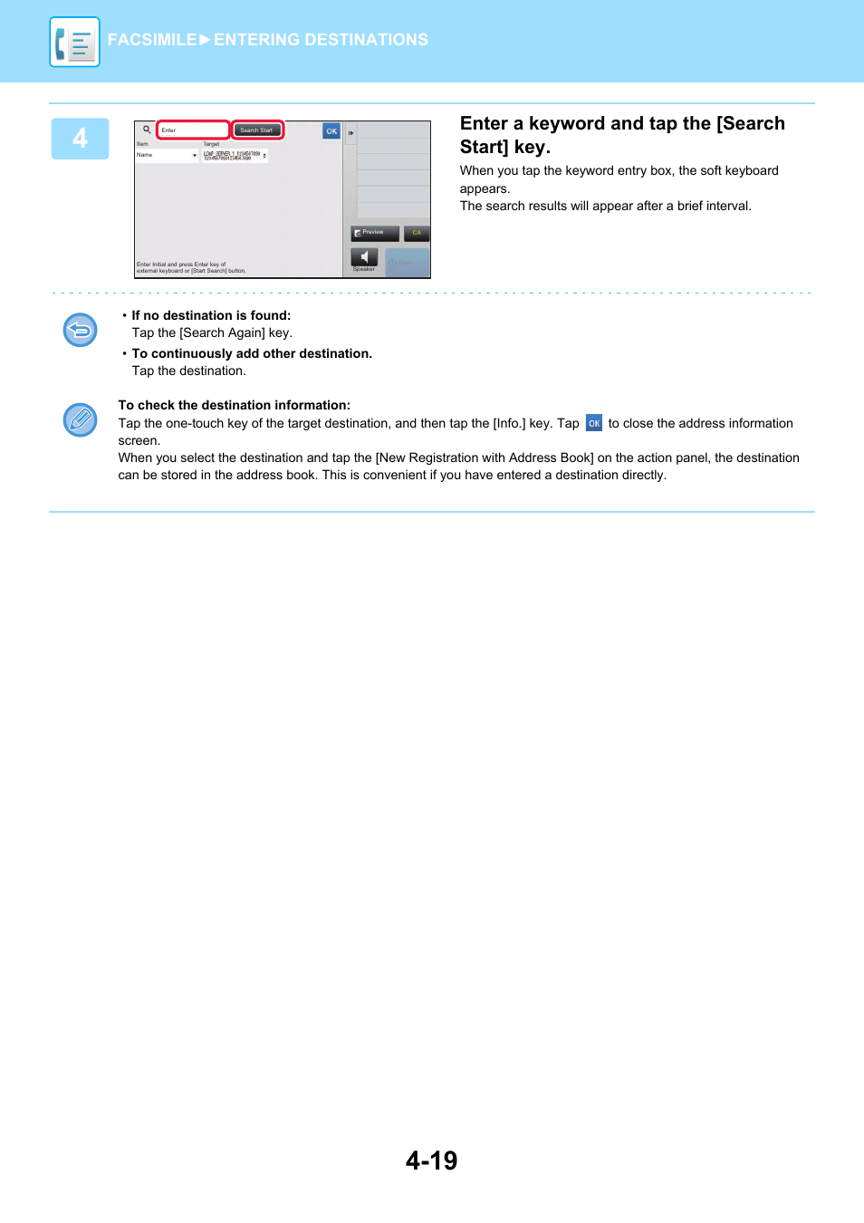 Enter a keyword and tap the [search start] key, Facsimile► entering destinations | Sharp MX-6070N User Manual | Page 422 / 935