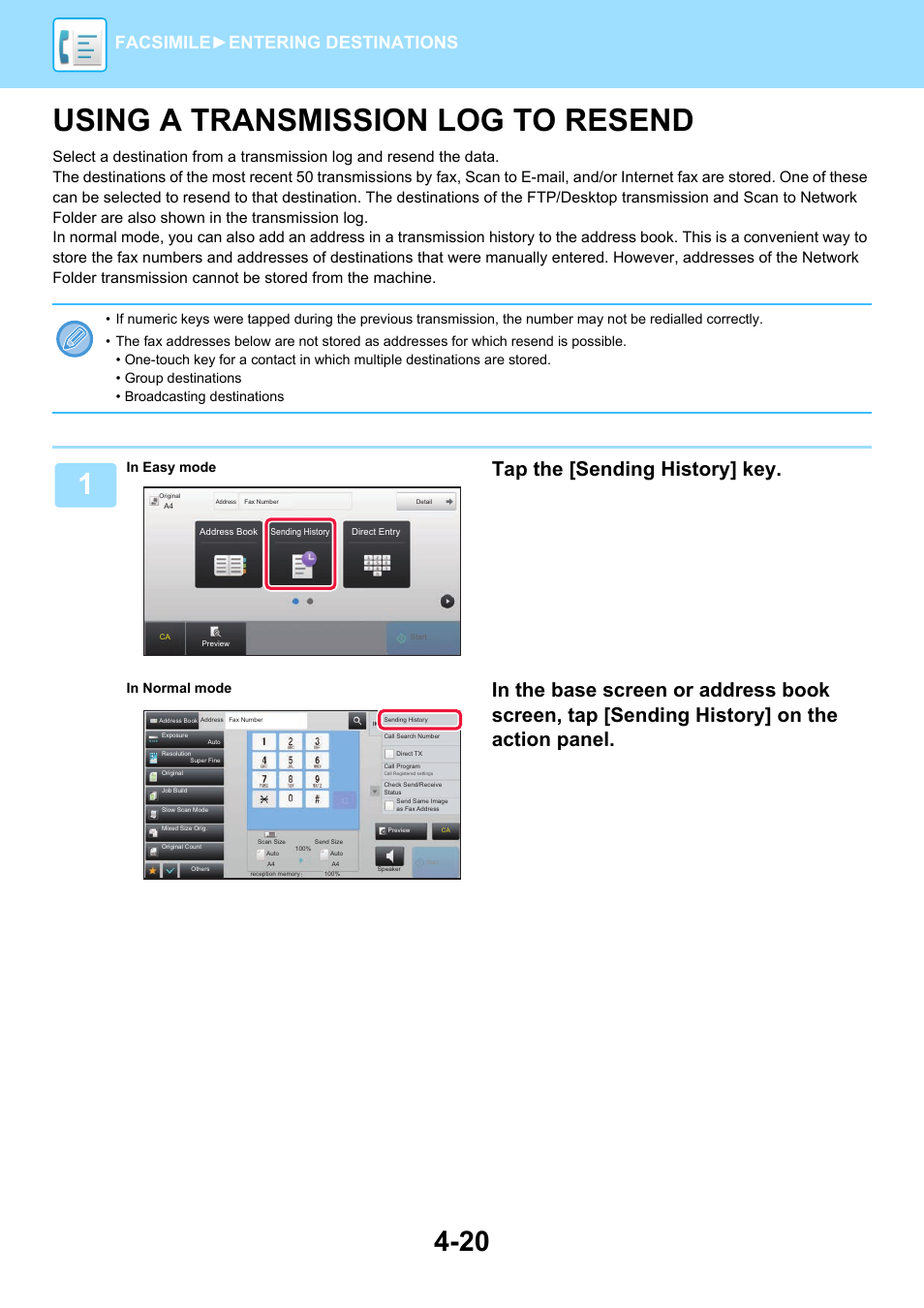 Using a transmission log to resend -20, Ion log to resend, Resend | Using a transmission log to resend, Tap the [sending history] key, Facsimile► entering destinations | Sharp MX-6070N User Manual | Page 423 / 935