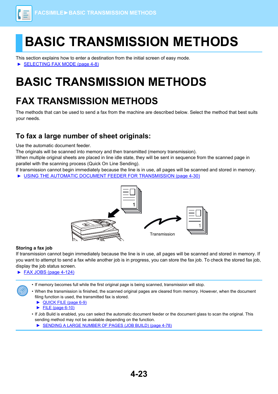 Basic transmission methods, Basic transmission methods -23, Fax transmission methods -23 | Fax transmission methods | Sharp MX-6070N User Manual | Page 426 / 935