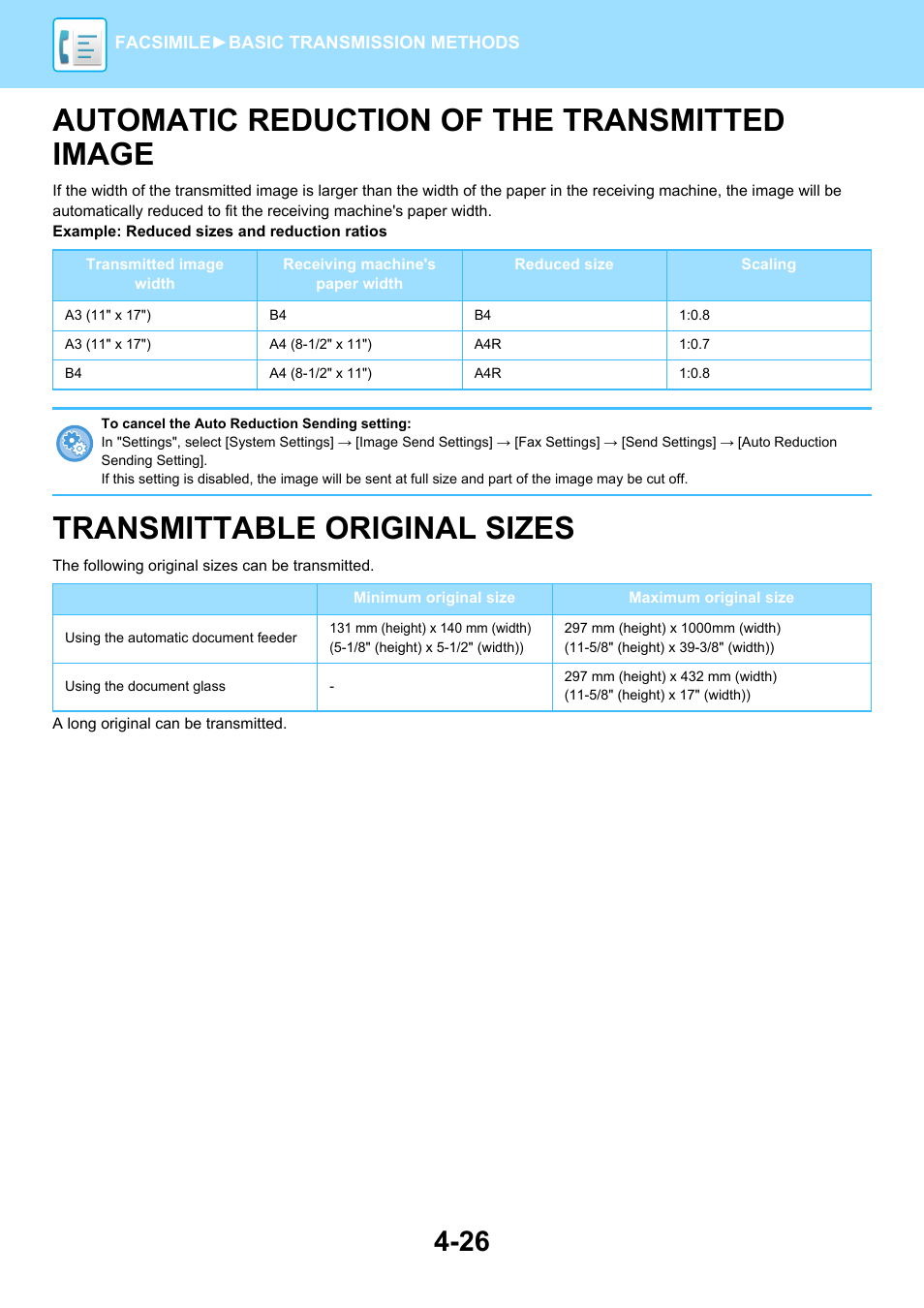 Automatic reduction of the, Transmitted image -26, Transmittable original sizes -26 | Automatic reduction of the transmitted image, Transmittable original sizes | Sharp MX-6070N User Manual | Page 429 / 935