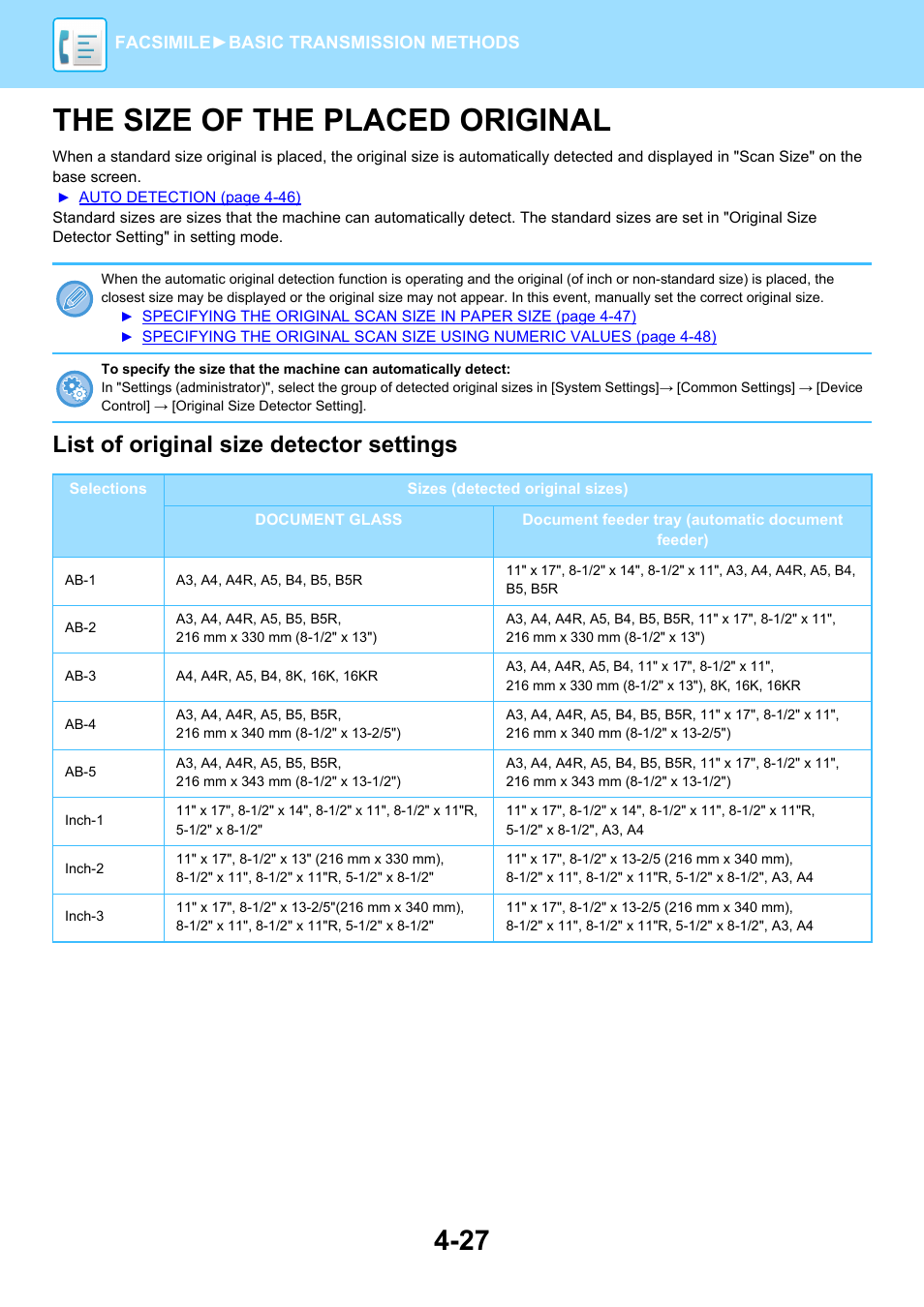 The size of the placed original -27, The size of the placed original, List of original size detector settings | Sharp MX-6070N User Manual | Page 430 / 935