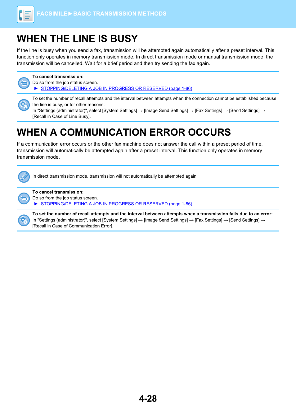 When the line is busy -28, When a communication error, Occurs -28 | When the line is busy, When a communication error occurs | Sharp MX-6070N User Manual | Page 431 / 935