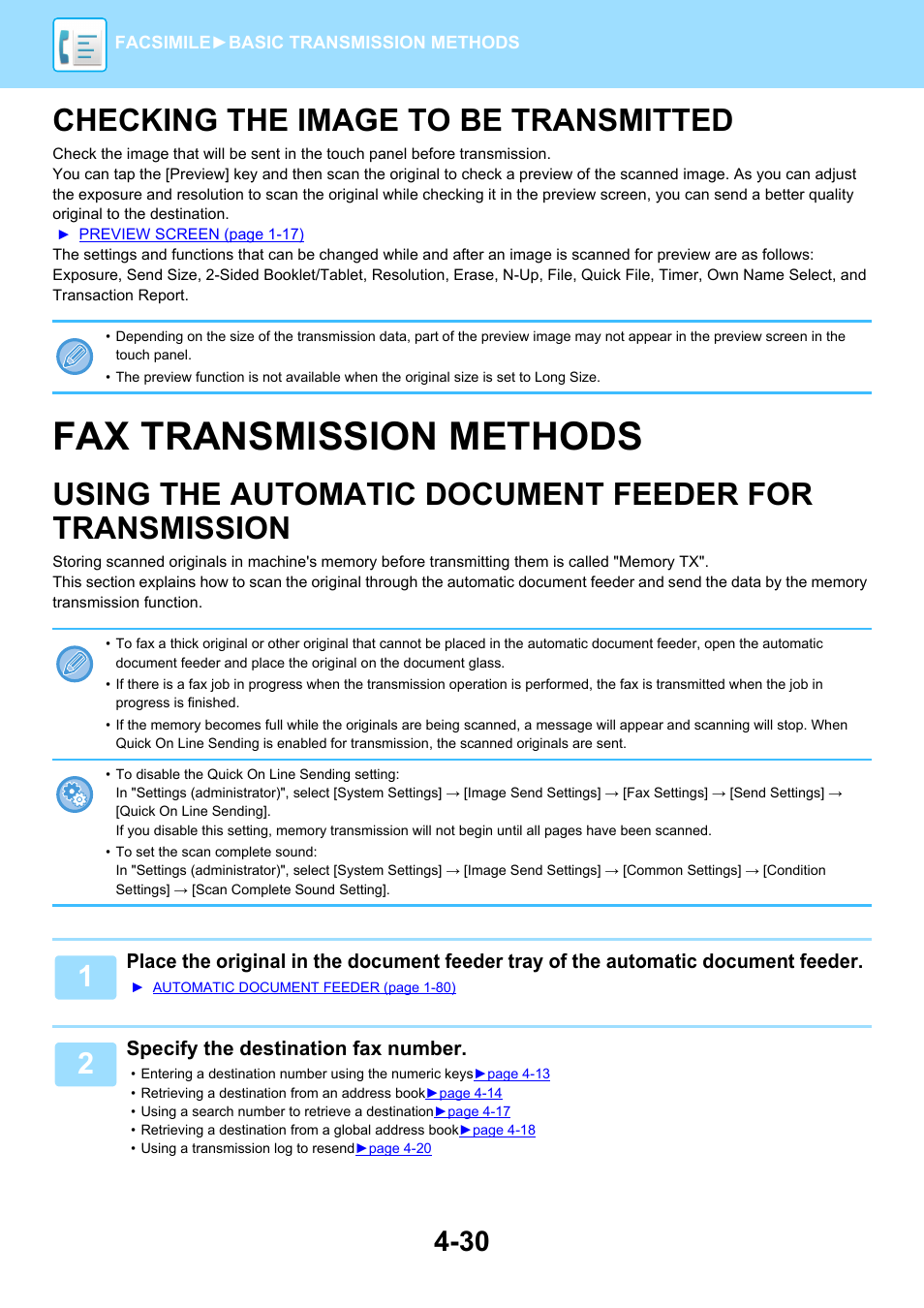 Checking the image to be, Transmitted -30, Fax transmission methods -30 | Using the automatic document, Feeder for transmission -30, Fax transmission methods, Checking the image to be transmitted | Sharp MX-6070N User Manual | Page 433 / 935