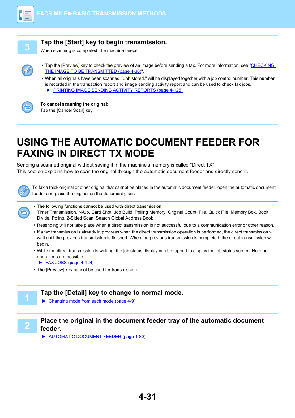 Using the automatic document feeder, For faxing in direct tx mode -31 | Sharp MX-6070N User Manual | Page 434 / 935