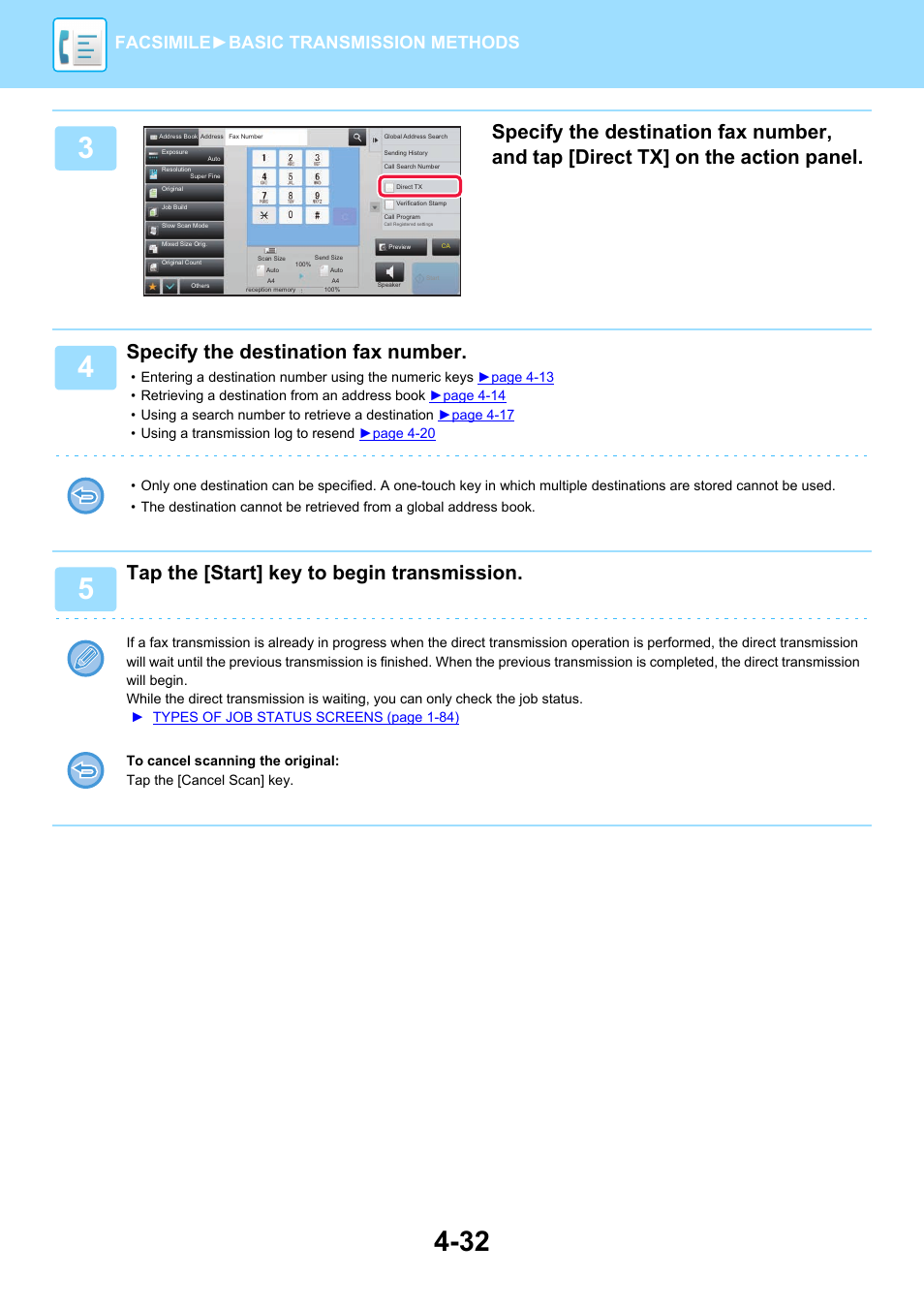 Specify the destination fax number, Tap the [start] key to begin transmission, Facsimile► basic transmission methods | Sharp MX-6070N User Manual | Page 435 / 935